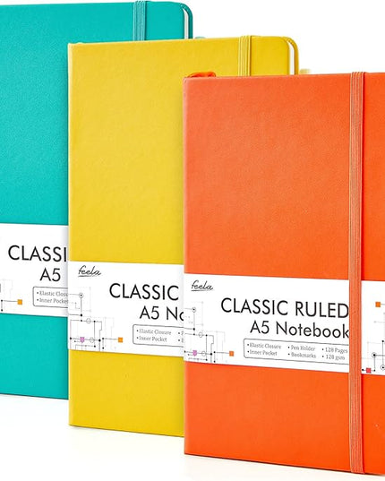 feela Hardcover Notebook For Work, Classic Ruled Lined Journal Set School Business Supplies, with 3 Black Pens, 120 GSM, 5.1”x8.3”, 3 Pack, A5, Solid Colors, Yellow, Orange, Emerald