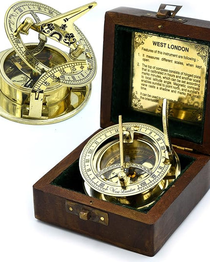 SARA NAUTICAL Antique Brass Sundial Compass, Sundial Clock in Box Gift Sun Clock Ship Replica Watch,Ship Decorations