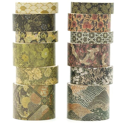 Songdao 12 Rolls Kyoto Charm Washi Tape Set Japanese Arts Adhesive Tapes Geometric Garden Decorative Masking Tape Sets for Craft, Kids, Scrapbook, DIY, Gift Wrapping (Green Song)