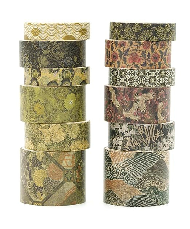 Songdao 12 Rolls Kyoto Charm Washi Tape Set Japanese Arts Adhesive Tapes Geometric Garden Decorative Masking Tape Sets for Craft, Kids, Scrapbook, DIY, Gift Wrapping (Green Song)