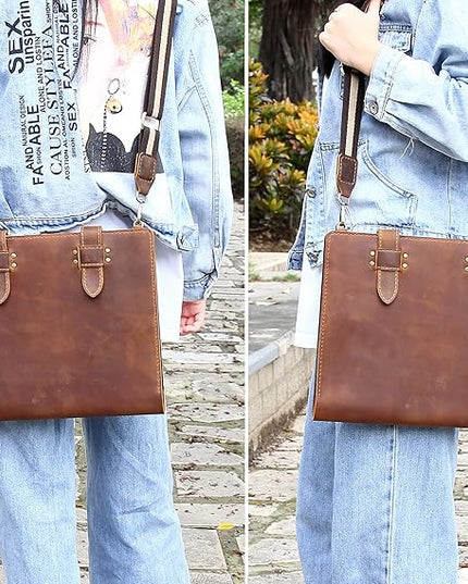 Robrasim Handmade Leather Sketchbook Cover, Artist Sketch Pad Holder for 9"X12" Sketchbook, Drawing Book and Pencil Case, Journal Notebook Portfolio with Shoulder Strap, Artist Gifts, Brown