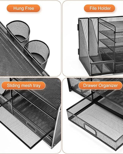 Marbrasse Desk Organizer with File Holder, 5-Tier Paper Letter Tray Organizer with Drawer and 2 Pen Holder, Mesh Desktop Organizer and Storage with Magazine Holder for Office Supplies(Black)