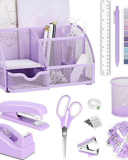 Purple Office Desk Accessories Supplies, 12pcs Desk Organizers and Accessories with Tape dispenser and Stapler,Staples,Staple Remover,Pen Holder,Scissor,Ruler,Sticky Tabs,Tape,Ballpoint Pen,Clips Set