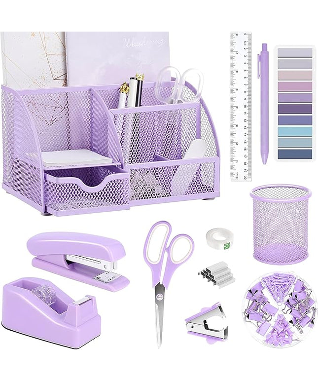Purple Office Desk Accessories Supplies, 12pcs Desk Organizers and Accessories with Tape dispenser and Stapler,Staples,Staple Remover,Pen Holder,Scissor,Ruler,Sticky Tabs,Tape,Ballpoint Pen,Clips Set