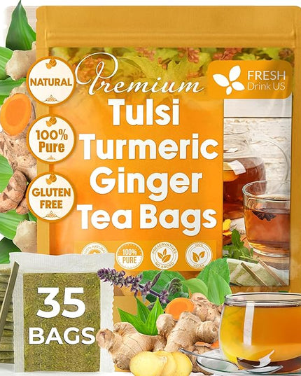 FreshDrinkUS, Premium 35 Tulsi Turmeric Ginger Tea Bags, 100% Natural & Pure from Tulsi Holy Basil Leaves, Turmeric and Ginger. Made with Natural Material Tea Bags. No Sugar, No Caffeine, Vegan.