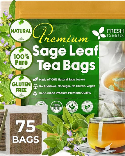 FreshDrinkUS, Premium 75 Sage Leaf Tea Bags, 100% Natural & Pure from Sage Leaves. Loose Leaf Herbal Tea. Made with Natural Material Tea Bags. No Sugar, No Caffeine, No Gluten, Vegan.