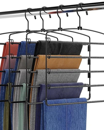 Fontaines Luxury 5 Tier Pants Hangers 4 Pack - Ultra Slim & Space Saving - Heavy Duty Metal Swivel Hook with Swing Arm for Clothing, Jeans, Slacks, Skirts, Leggings & Dress Pant Closet Organization