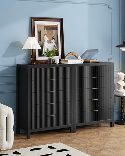 JZXSHD 5 Drawer Dresser, 43" Tall Dresser Organizer TV Drawer Cabinet Modern Wood Storage Cabinet, Modern Wood Storage Cabinet for Bedroom, Hallway, Entryway, Black Oak X 2