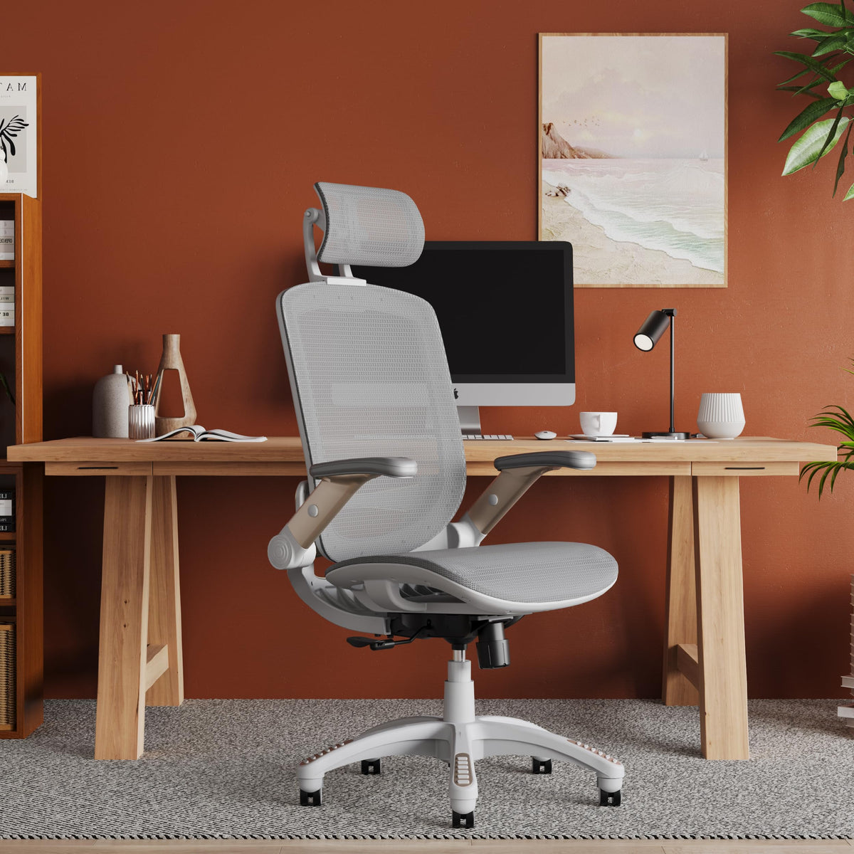 GABRYLLY Ergonomic Office Chair, High Back Home Desk Chair with 2D Flip-Up Arms, 3D Headrest, 90-120° Tilt and Wide Cushion, Big and Tall Mesh Chairs for Man Woman, White Computer Task Chair