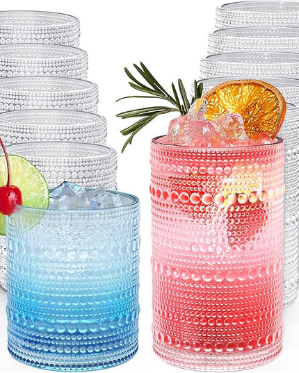 Vintage Hobnail Drinking Glasses Set of 12, 12 oz Highball Glasses & 10 oz Cocktail Glasses, Embossed Glass Cups, Clear Water Glasses Kitchen Bar Glassware Set for Beer, Juice, Cocktail, Whiskey