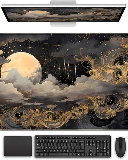 Golden Moon Desk Pad Black Desk Mat XXL Mouse Gaming Pads, Starry Sky Keyboard Pads Extra Large Desktop Computer Mats with Non-Slip Base & Stitched Edges, Vintage Office Decor 31.5" x 15.7"