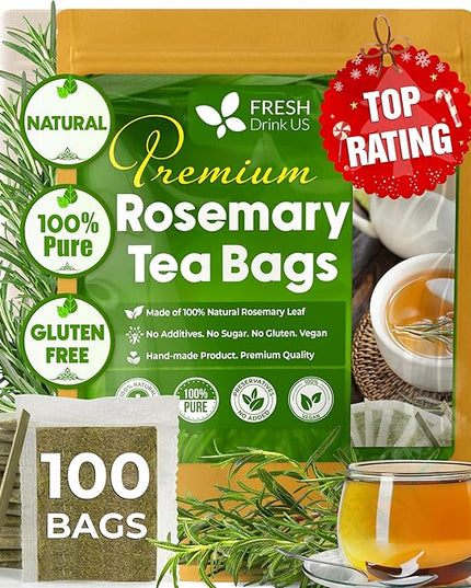 FreshDrinkUS, Premium 100 Rosemary Leaf Tea Bags, Made with 100% Natural Rosemary Dried Leaves, Pure Herbal Tea, No Additives, No Caffeine, No Gluten, Vegan.