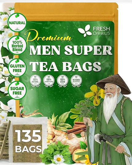 FreshDrinkUS, Premium 135 Tea Bags Men Super Tea – Herbal Blend with Senna, Dandelion Root, Ginger, Peppermint & More – 100% Natural, Sugar-Free. Caffeine-Free. Gluten-Free. Vegan