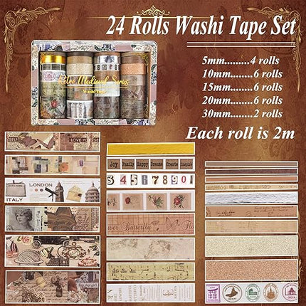 Sifaolp Washi Tape Set, 24 Rolls Vintage Washi Stickers, Assorted Sizes, for Junk Journal Scrapbook Tape, Bullet Journaling Scrapbooking Supplies, Planner Sticker DIY Craft DéCor (Brown)