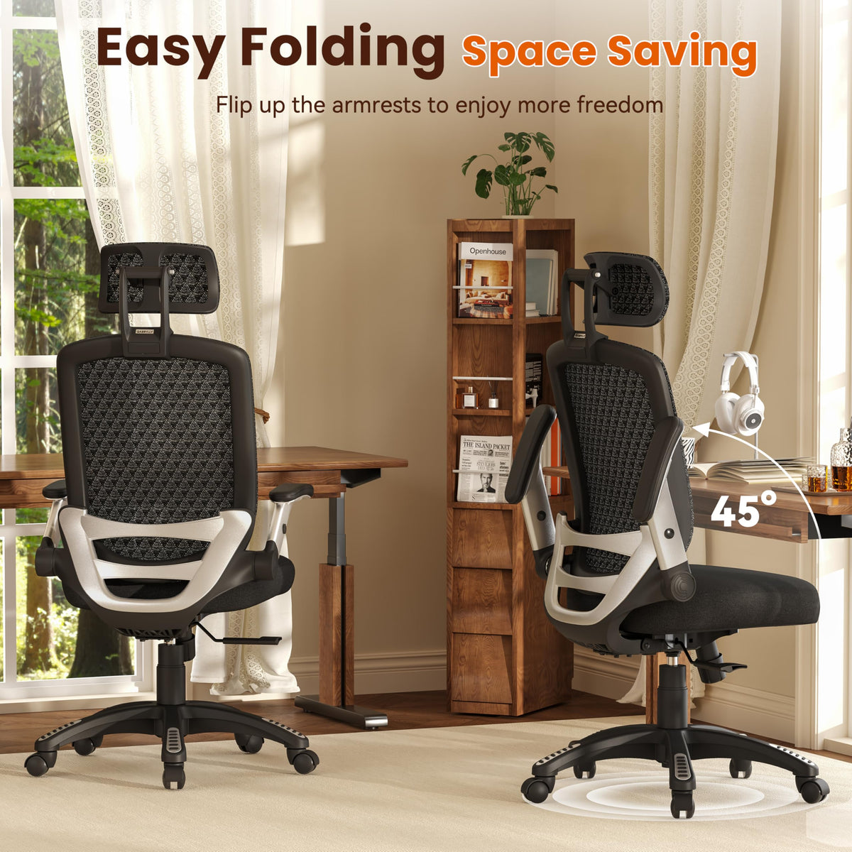 GABRYLLY Ergonomic Office Chair, High Back Home Desk Chair with Flip-Up Arms, 3D Headrest, 90-120° Tilt and Wide Cushion Seat, Big and Tall Computer Chairs for Man Woman, Mesh Chair -Midnight Cloud