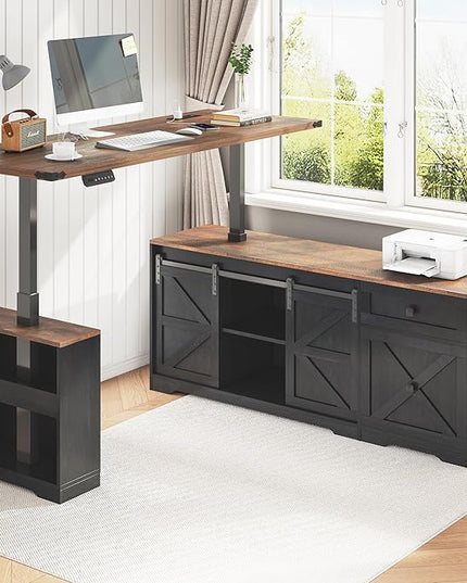 63" Farmhouse Electric Standing Desk Adjustable Height Sit Stand Corner Stand Desks, L Shaped Standing Computer Desk with Power Outlets & Storage Drawers & Sliding Door for Home Office, Black