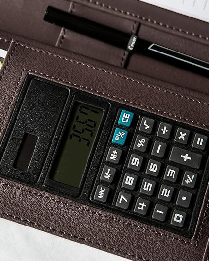 Cossini Premium Business Portfolio with Zipper – Padfolio - Superior Business Impressions Begin with PU Vegan Leather, 10.1 Inch Tablet Sleeve, Smart Storage, Solar Calculator, Writing Pad -Brown