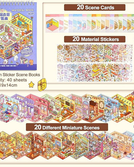 ASTARON 20 Sets DIY 3D Sticker Scene Book Sticker Therapy for Adults, Make Your Own Mini Cozy Shop House Room Stickers Cute Cartoon Miniature Stickers for Girls, Relief Stress Pass The Time