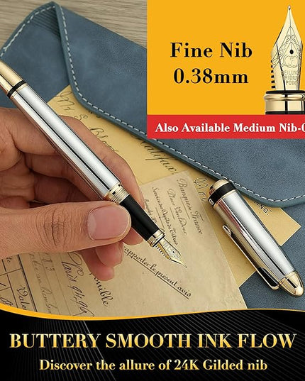 BEILUNER 315 Silver Chrome Fountain Pen,Stunning Luxury Pens with 24K Gold Accents, Gorgeous 24K Gilded Nib(Fine), Ink Converter,Fancy Pen Gift for Men&Women-Elegant, Office, Writing, Nice Design