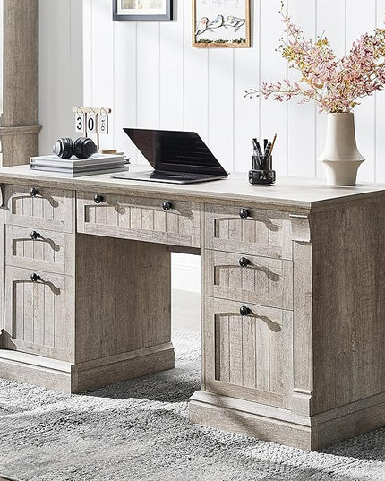 OKD 60" Executive Desk with Drawers, Farmhouse Home Office Desk with Charging Station, Keyboard Tray, File Cabinet Storage, Wood Computer Desk for Work and Study, Light Rustic Oak