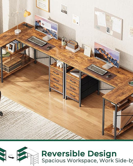 Huuger L Shaped Office Desk with Power Outlets, 47 Inch Computer Desk with 3 Drawers, Shelves, for Gaming, Corner Work, Home Office, Study, Rustic Brown