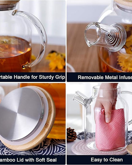 CnGlass Glass Teapot Stovetop Safe,50.7oz Clear Glass Pitcher with Removable Filter Spout for Loose Leaf and Blooming Teabag