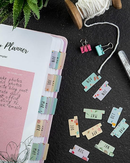 DiverseBee Laminated Planner Monthly Tabs, 24 Peel and Stick Tabs for Notebooks (12 Month Tabs and 12 Blank Tabs), Calendar Monthly Tab Stickers/Dividers (Assorted), Medium