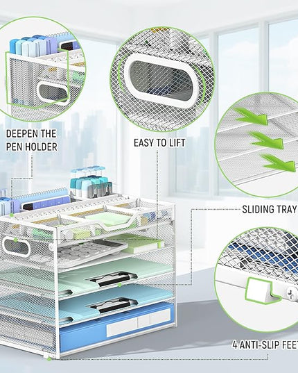 Docnest 5 Tier Mesh Desk Organizer- Letter Tray with Adjustable Compartments, Mesh Desktop Storage Built in Pen Holder and Handles, Desk Organizer Tray for Mail Documents Office Supplies–White