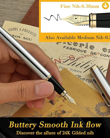 BEILUNER Silver Chrome Fountain Pen,Stunning Luxury with 24K Gold Accents, Gorgeous 24K Gilded Nib(Fine), Trustworthy Pen Gift for Men&Women -Ink Converter-Elegant, Graduation,Nice Pen for Writing