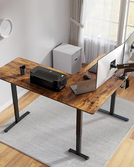 FEZIBO 63" x 55"L Shaped Standing Desk Adjustable Height, 63 Inch Electric Stand up Corner Computer Desk, Sit Stand Home Office Desk with Splice Board, Vintage-Brown