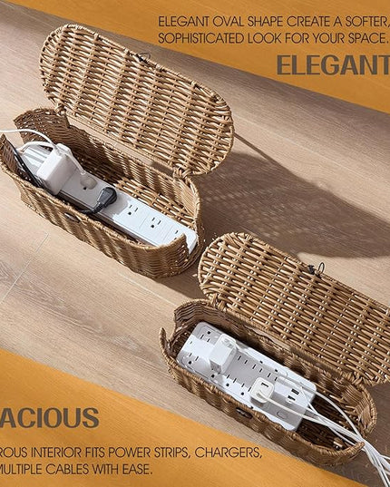FairyHaus Cable Management Box 2Pack Brown, Handwoven Large and Small Cable Organizer Box Cover to Hide Cords and Power Strip, Imitation Wicker Cord Organizer Box Hider for Office Desk and Floor