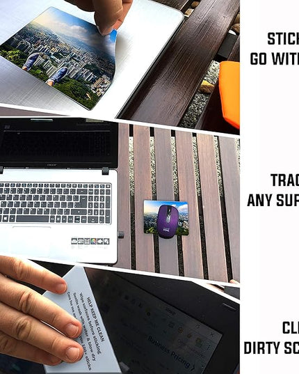 Mouse Pad Travel Size with Adhesive Bottom, Mini Mouse Pad Sticks to Any Surface, Plus Webcam or Camera Privacy Tab Covers and Screen Cleaner (View Point City)