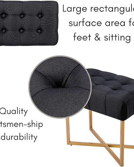 BIRDROCK HOME Rectangular Tufted Foot Stool Ottoman with Soft Padded Cushion - Versatile Vanity Chair for Bedroom, Living Room, Bathroom - Compact Seating for Adults - Black with Pale Gold Metal Legs
