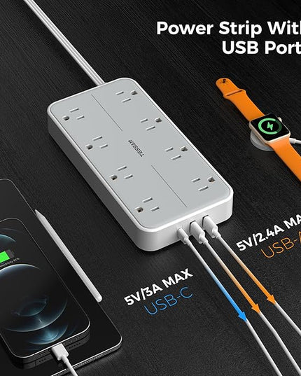 Power Strip Surge Protector 10 FT, TESSAN Flat Plug Extension Cord with 8 Outlets 3 USB Ports(1 USB C), 1080Joules Wall Mountable Multi Port Charging Station for Home Office Dorm Room Essentials