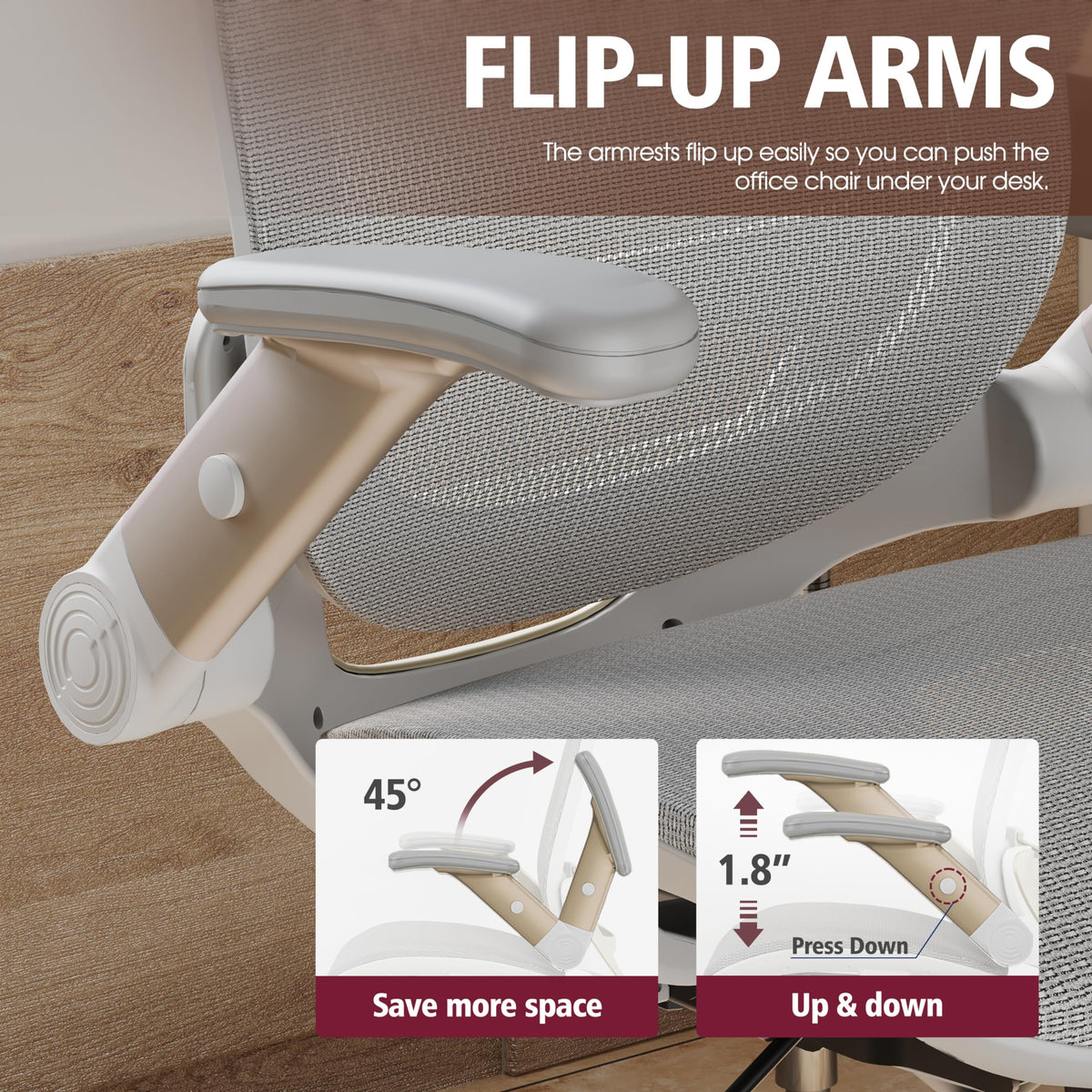 GABRYLLY Ergonomic Office Chair, High Back Home Desk Chair with 2D Flip-Up Arms, 3D Headrest, 90-120° Tilt and Wide Cushion, Big and Tall Mesh Chairs for Man Woman, White Computer Task Chair