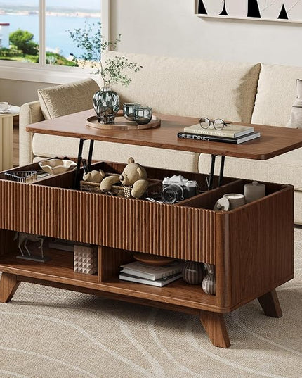 ONBRILL Farmhouse Lift Top Coffee Table, Mid Century Modern Coffee Table with Hidden Storage Compartment, Fluted Rising Pull up Wood Modern Center for Living Room, Office, Walnut