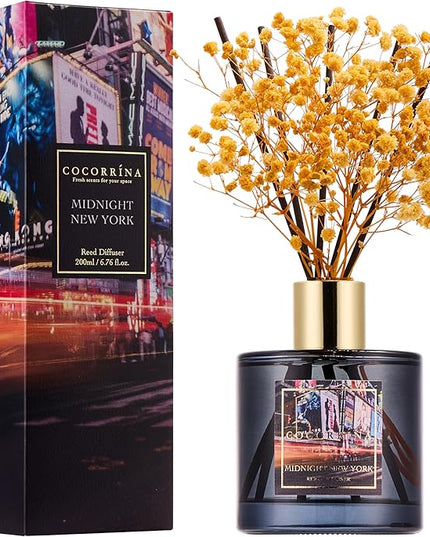 COCORRÍNA Reed Diffuser - Midnight New York 6.7 Fl.oz Reed Diffuser Set with 8 Sticks & Preserved Baby's Breath, Reed Diffuser for Home Bathroom Shelf Decor