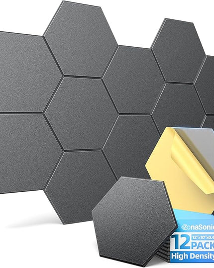 12 Pack Hexagon Acoustic Panels with Self-Adhesive, 12" X 10" X 0.4" Sound Proof Foam Panels for Walls, High Density Soundproof Wall Panels, Sound Dampening Panels for Home Studio Decor Office - Black