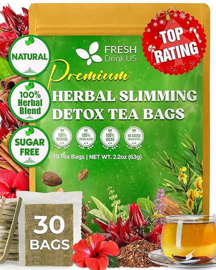 FreshDrinkUS, 30 Tea Bags Herbal Tea – Caffeine-Free Herbal Tea with Rooibos, Turmeric & Hibiscus – Loose Leaf Blend for Daily Rituals and Clean Living – Vegan, No Additives