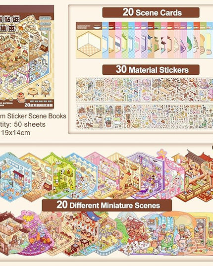 ASTARON 20 Sets DIY 3D Sticker Scene Book Sticker Therapy for Adults, Make Your Own Mini Cozy Shop House Room Stickers Cute Cartoon Miniature Stickers for Girls, Relief Stress Pass The Time