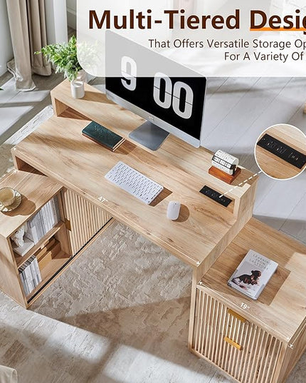 JXQTLINGMU 67" Modern L Shaped Desk with Storage Cabinet & Drawers, Wood Home Office Desk with Power Outlets, Fluted Computer Writing Desk, Natural Oak