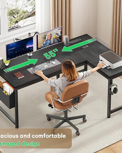 Gaming Desk with Power Outlets & Storage Bag and LED Lights, L Shaped Desk with 0.95 Inch Thicker Desktop, Reversible Computer Desk for Home Office, Study Room, Living,Bedroom, Black