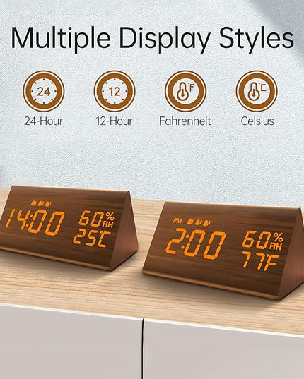 JALL Digital Alarm Clock, with Wooden Electronic LED Time Display, 3 Alarm Settings, Humidity & Temperature Detect, Wood Made Electric Clocks for Bedroom, Bedside (Brown)