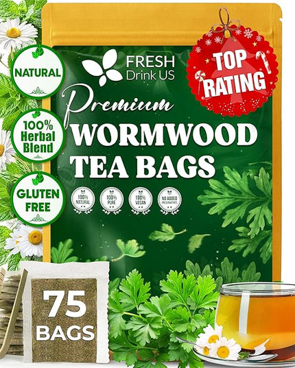 FreshDrinkUS, Premium Wormwood Tea - 75 Tea Bags - Handcrafted Herbal Blend, Caffeine-Free – Smooth Taste & Naturally Refreshing.