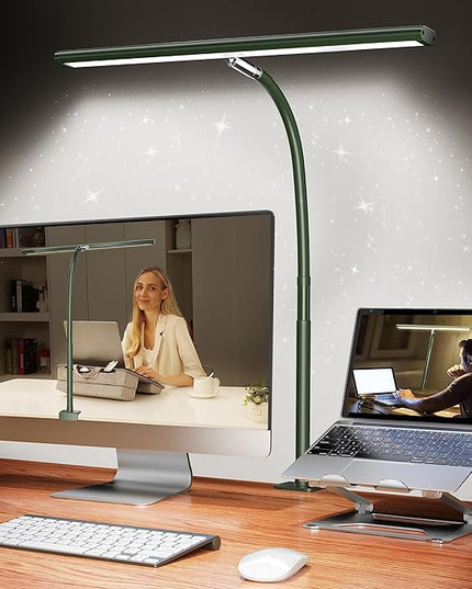 LED Desk Lamp for Office Home, Eye-Caring Desk Light with Stepless Dimming Adjustable Flexible Gooseneck, 10W USB Adapter Desk Lamp with Clamp for Reading, Study, Workbench (Green)