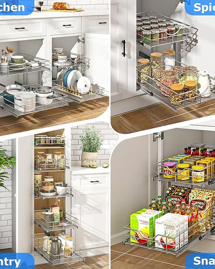 WelFurGeer 2-Tier Kitchen Cabinet Pullout Shelf and Drawer Organizer, Soft Close Pantry Pull Out Shelves, Heavy Duty Pull Out Cabinet Organizer with Shelf Liner for Kitchen Cabinets, Pantry Storage