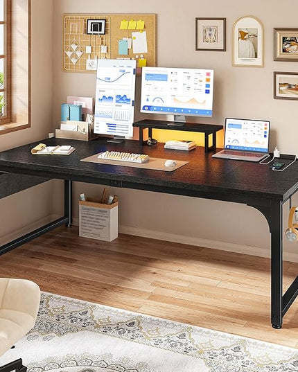 Gaming Desk with LED Light & Power Outlets, Computer Desk with Monitor Stand & 24mm Thicker Desktop,Office Writing Desk for Home Office, Study, Bedroom, Black