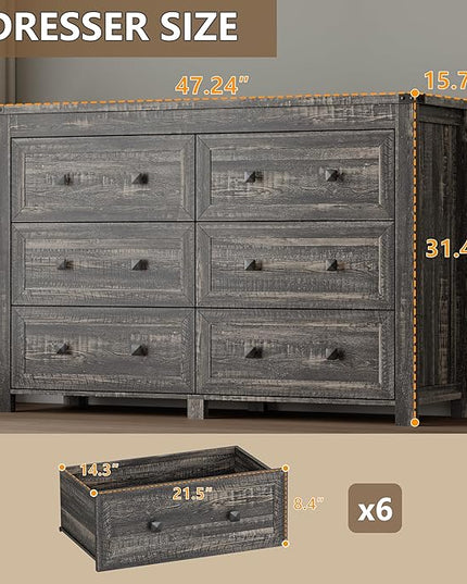 BORNOON 6-Drawer Dresser, Modern Wooden Storage Chest of Drawers, Dresser TV Stand, Wood Drawer Organizer with Metal Handles for Bedroom, Living Room, Hallway
