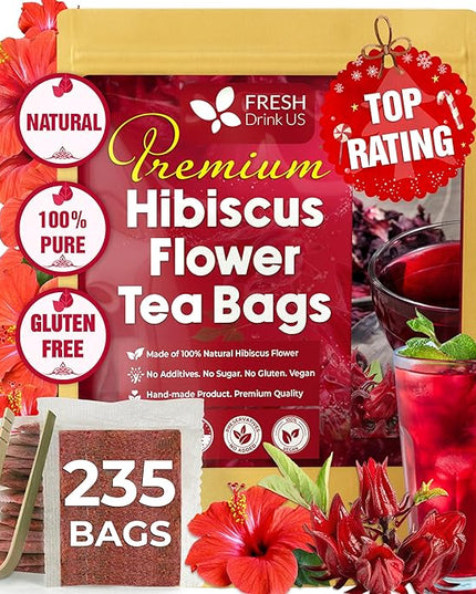 FreshDrinkUS, Premium 235 Hibiscus Flowers Tea Bags, 100% Natural, Pure from Hibiscus Flowers. Loose Flower Herbal Tea. No Sugar, No Caffeine, No Gluten, Vegan.