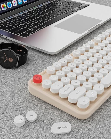 Wireless Keyboard and Mouse Combo, Ergonomic Full Size Typewriter Retro Round Keycaps Keyboard, Compatible with Windows, PC, Perfer for Home and Office Keyboards (Beige